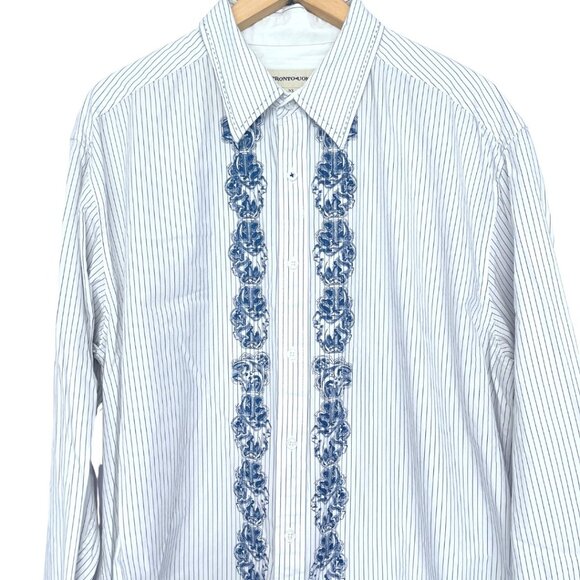 Pronto-Uomo Hand Stitched Shirt Mens Size XL Blue Stripe Button Down Cotton - Picture 2 of 12